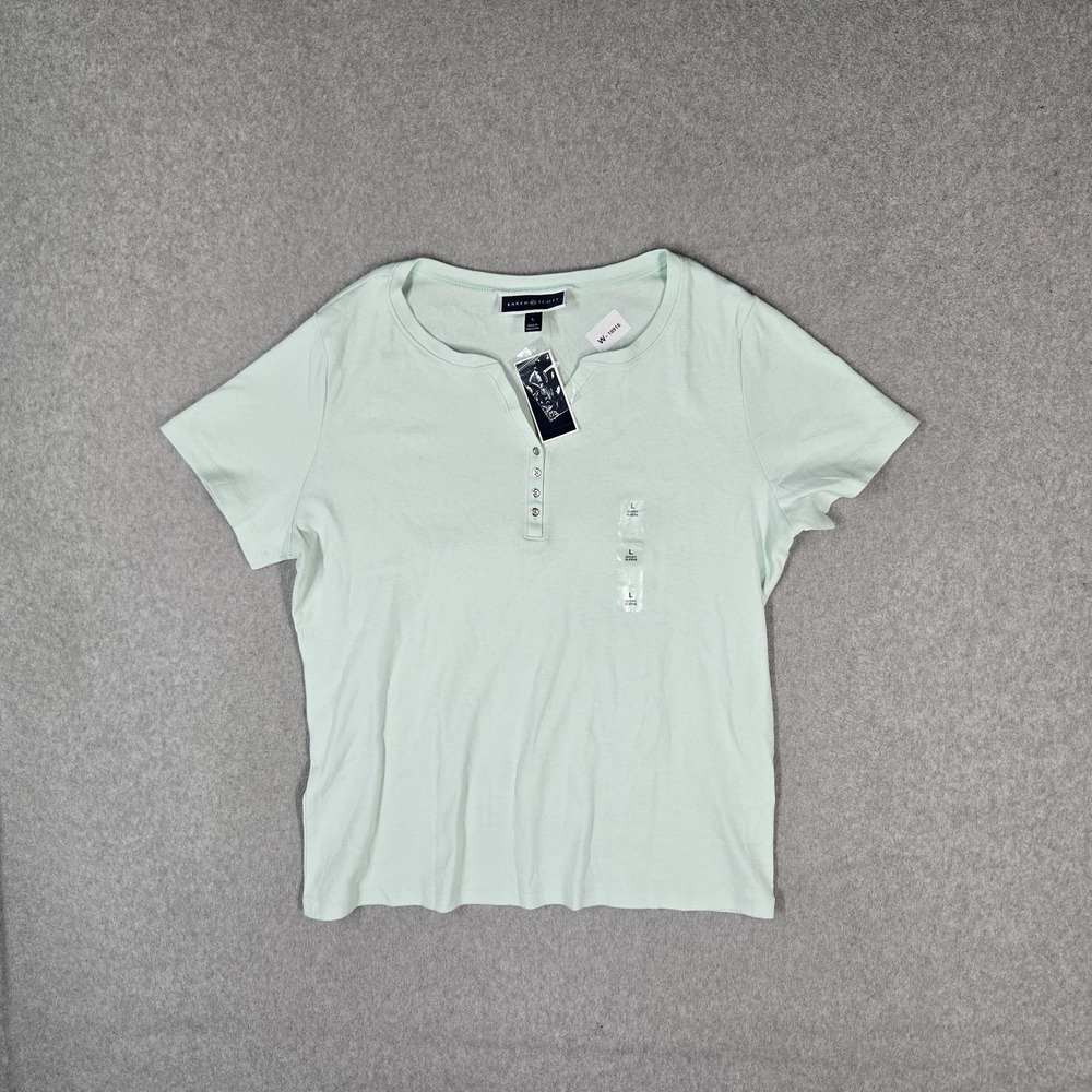 Karen Scott Women Button Up Shirt LARGE Mint Green Henley Short Sleeve NWT